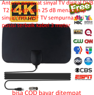 Antena penguat sinyal TV digital DVB T2 4K high gain 25 dB menangkap sinyal VHF UHF TV sempurna cari posisi terbaik kabel 3 meter