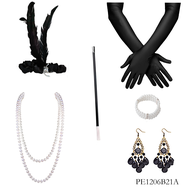 1920s Flapper Fashion Accessories: Feather Headband Satin Gloves Pearl Layers & Art Deco Earrings—Ja