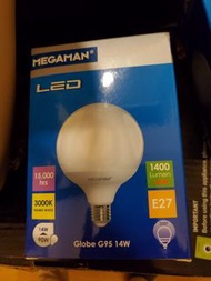 全新 Megaman E27 Globe G95 14W LED燈膽 2個 3000K 曼佳美