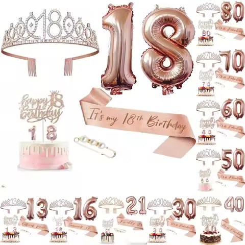 Crown sash birthday party 32inch balloon holder candle Cake decoration set For 13th 16th 18th 21th 3