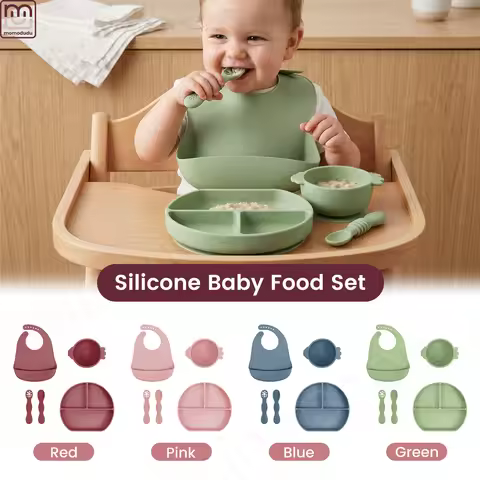 5PC Baby Silicone Plate Set, Bisphenol A Free, Children's Tableware Set, Sucking Baby Eating Trainin