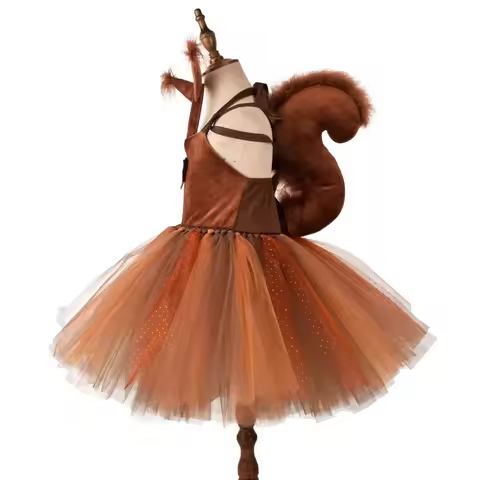 Girl Squirrel Costumes Cosplay Dress Animal Tutu Dress Ears Headband Tail Jungle Themed Halloween Bi
