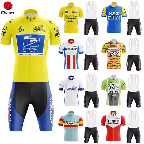 Retro Cycling Jersey Set for Men, Bicycle Suit, Summer Sleeve, Bib Shorts, Por Team Clothes, 20D Gel