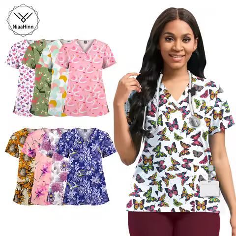 Fashion Print Nurse Top Shirt Short Sleeved Nursing Medical Uniforms Shirts Unisex Hotel Hospital Do