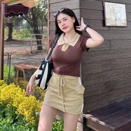 changbankshop เสื้อครอปคอโปโลแขนสั้น ผ้าไหมพรมทอลายริ้วสลับสี รุ่น บทเพลง B-015-2-A