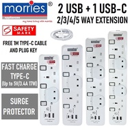 Morries 2 / 3 / 4 / 5 Way Power Extension Cord with 2 USB and 1 Type-C Fast Charge Power Strip Exten