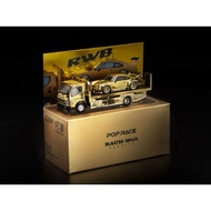 Pop Race 1/64 S-Set4 RWB 930 & Pandem Mitsubishi Fuso-300 Flatbed Transporter (HEC 2026 Exclusive)