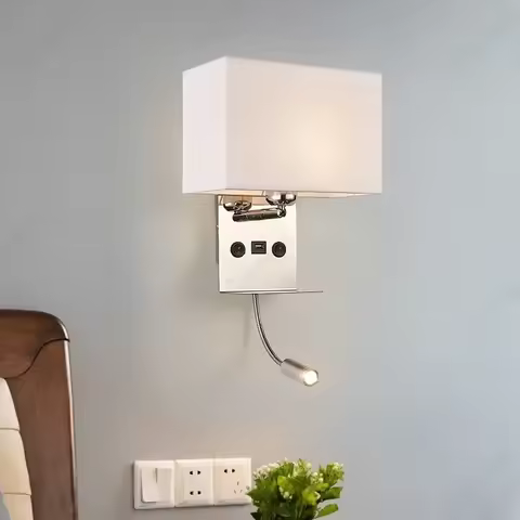 Simple LED Fabric Lampshade E27 with Switch Wall Light USB Interface Adjustable Angle Spotlight Bedr