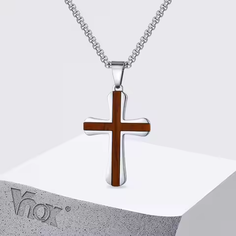 Vnox Red Wood Faith Cross Pendant Neckalce for Men, Silver Color Stainless Steel Box Chain Necklaces