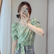 เสื้อเชิ้ตแขนสั้นผ้าชีฟองทรงเข้ารูปสไตล์ฝรั่งเศสสำหรับผู้หญิงในช่วงฤดูร้อน เสื้อเชิ้ตแขนพองทรงพองสั้