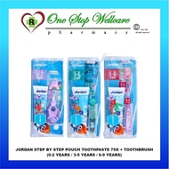 JORDAN STEP BY STEP POUCH TOOTHPASTE 75G + TOOTHBRUSH (0-2 YEARS / 3-5 YEARS / 6-9 YEARS)