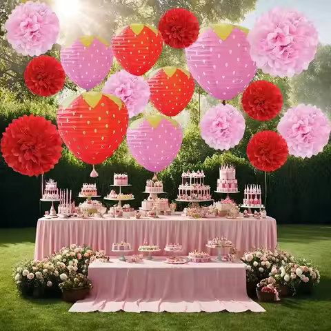 15 Strawberry Paper Lanterns, 3D Red and Pink Strawberry Paper Lantern Hanging Decorations, Strawber