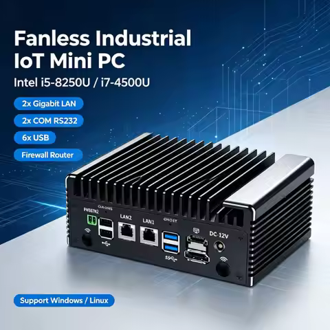 Fanless Industrial IoT Mini PC Intel i5-8250U i7-4500U 2xGigabit LAN 2xCOM RS232 6xUSB Firewall Rout