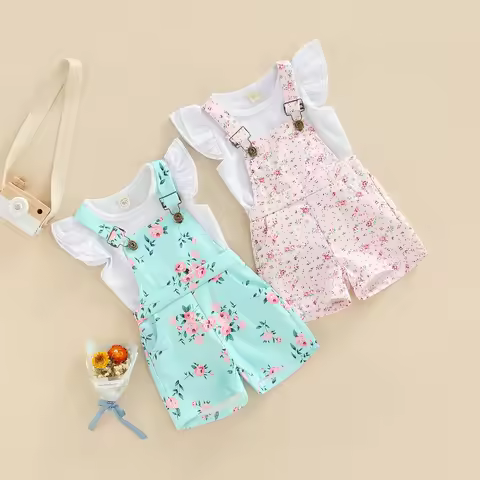 Little Infant Kid Girl 2PCS Pants Set Fly Sleeve Plain O-Neck T-Shirt, Floral Patterns Copper Button
