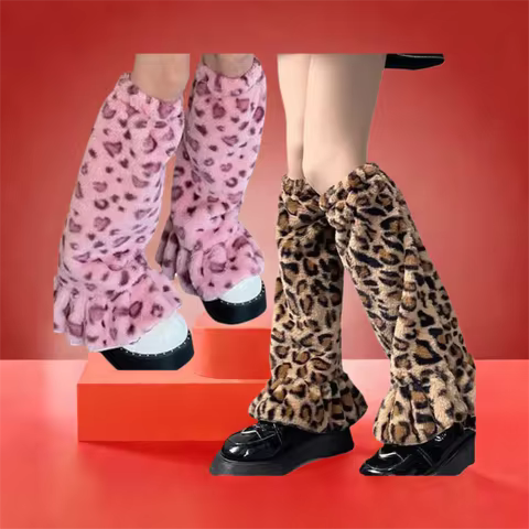 Kawaii Soft Plush Leg Warmers Leopard Print Ruffled Design Stockings Baggy Fit Foot Cover Foot Cover