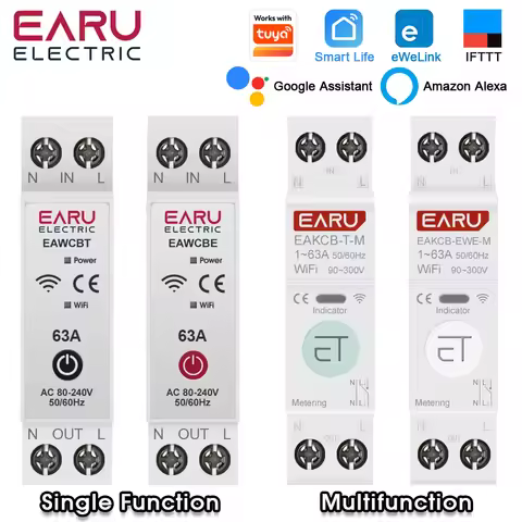 Tuya eWeLink WiFi Smart Circuit Breaker MCB 1P+N 63A Time Relay Switch Energy Meter kWh Voltage Curr