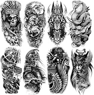 8 Sheets Waterproof Arm Leg Fake Temporary Tattoo - Indian Skull Snake Egypt Anubis Flower Compass P