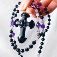 頂級黑曜石 黑碧璽 紫水晶 玫瑰念珠 天主聖物 十字架項鍊 禮物