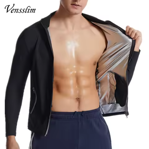 Vensslim Men Sauna Sweat Suit Zipper Waist Trainer Slimming Tops with Packet Fat Burner Body Shaper 