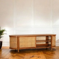 柚木實木電視櫃 肯恩原木藤編設計 4門客廳收納櫃 儲物櫃 置物架