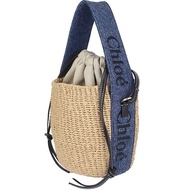 近新品-CHLOE WOODY BASKET 草編牛仔丹寧皮邊斜背/手提水桶包