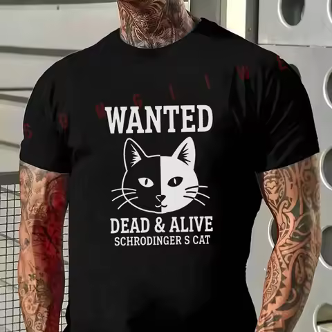 Wanted Dead&alive Schrodinger Cat Print Motorcycle T-Shirt Men Hip Hop Streetwear Unisex Casual Fash