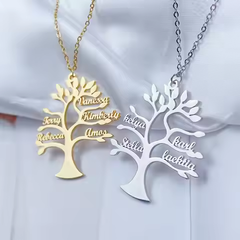 Custom Tree Of Life 1-6 Names Necklace Personalized Stainless Steel Nameplate Pendant Women Family J