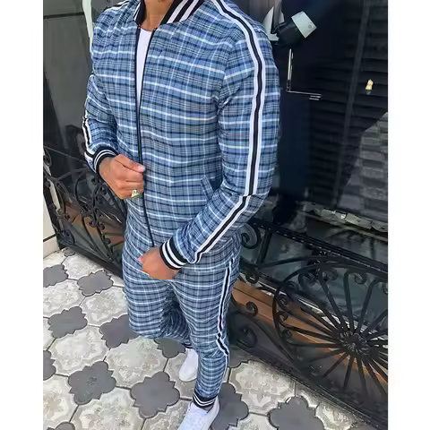 2025 Men Tracksuit 2pc Set Gym Hiking Plaid Zipper Hoodie Cargo Pants Autumn Athleisure Outfit Fleec
