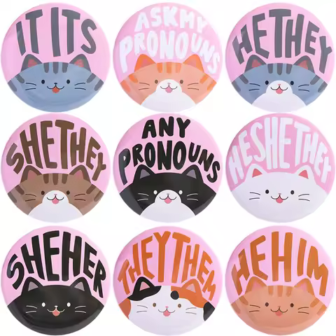 Ask My Pronouns Tinplate Pins Cat She Her They Them He Him It Its Brooches Lapel Badges Clothes LGBT
