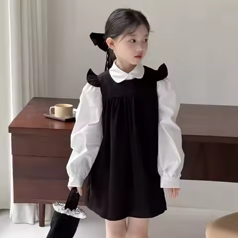 2026 spring Kids Girls splicing shirt Princess Teenager New Year flutter full sleeve slip Dresses Cl