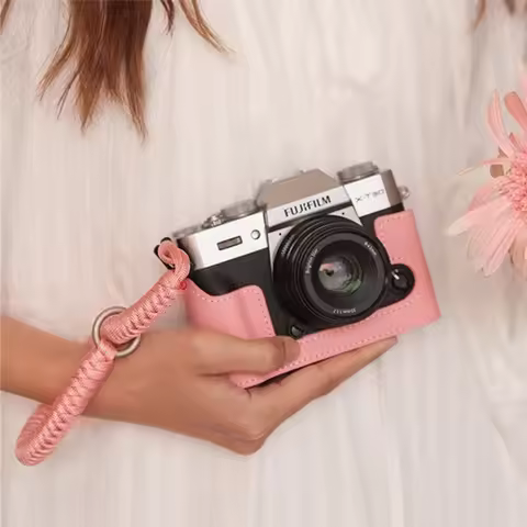 Roadfisher Pink Genuine Leather Camera Bag Protect Case Cover Base Grip Wrist Belt For Fujifilm Fuji