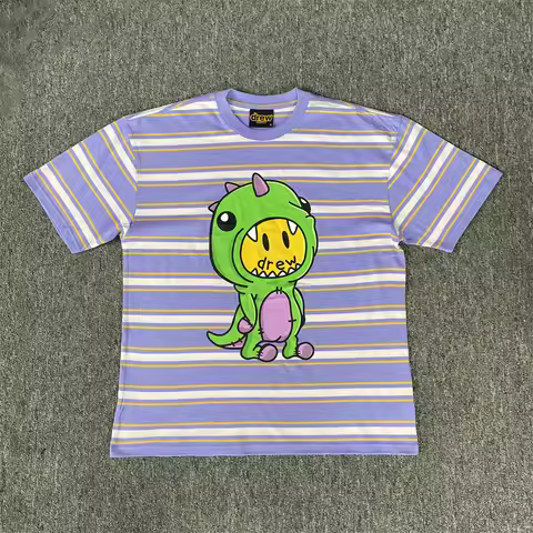 Drew House T-shirt Drew House Striped Dinosaur Smiley Print T-shirt Men Oversized Casual Streetwear 