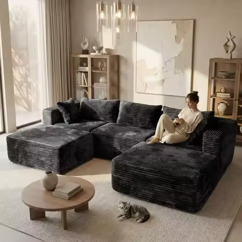 U-Shaped Sectional Sofa with Ottomans, Corduroy Fabric, 110 3-Seat Plus 2 Ottomans, Convertible Clou