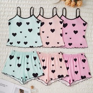 3pcs/Set Teen Girl Heart Print Ruffle Cami Top And Shorts Pajama Set, Can Be Worn As Sleepwear Or Ca