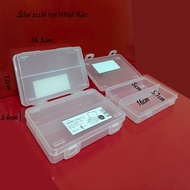 Small plastic box with 2 compartments, locking lid, transparent, made in Japan. 16,5x12cm, 3,4cm hig