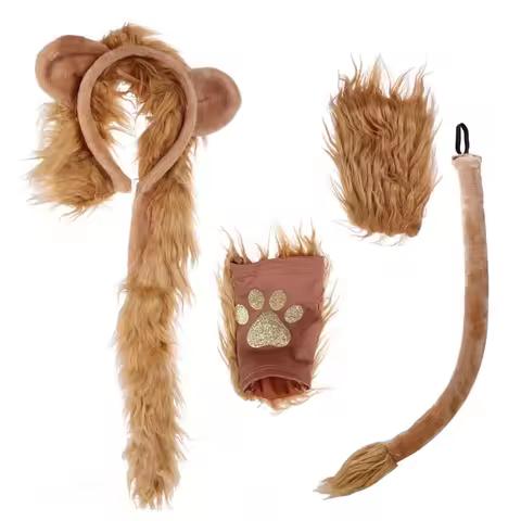 Halloween Costume Lion Plush Ears Headband Tail and Paws Kit Lion Fingerless Costume for Adults Kids