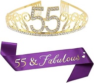 55th Birthday Gold Tiara and Sash, 55 & Fabulous Glitter Satin Sash and Crystal Rhinestone Birthday 