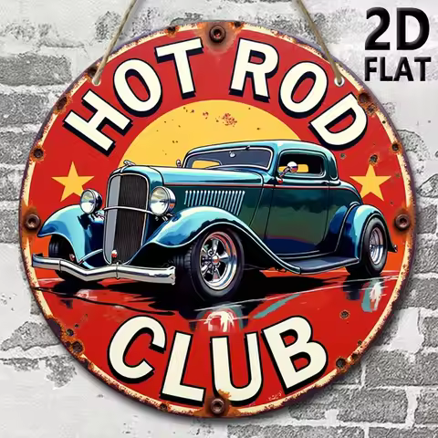 2D Flat, Vintage Hot Rod Club 7.87" Round Wooden Sign - Classic Car Design with Stars & Sunburst Bac