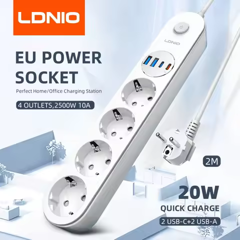 LDNIO Electric Extension 2M Power Strip Multiple European Plug Ruler Extension Outlet 20W Fast Charg