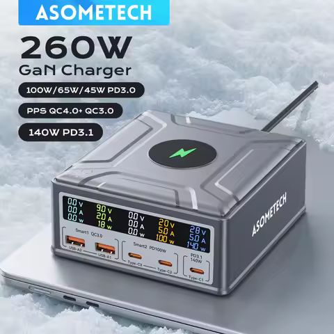 260W USB C GaN Charger QC3.0 PD3.1 140W PPS Fast Charging Station for IPhone 16 15 MacBook Pro Samsu