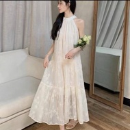 DK3 Plain Color Long Dress There Is A Strap. Pleated At The Chest Elastic Back. With Lining Clothing