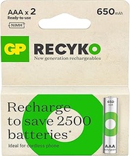GP Batteries ReCyko 650 AAA Slim Pen Ni-Mh Rechargeable Battery, 1.2 Volt, Card of 2