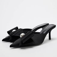 Spain 2025 ZARAˉ 2024 Autumn New Womens Shoes Faux Pearl And Bow Emblazon Mule Shoes Shallow Mouth B