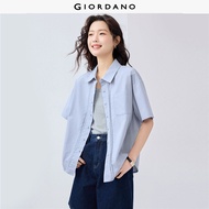 GIORDANO ผู้หญิง  เสื้อเชิ้ต 100% Cotton เสื้อเชิ้ตจีบติดกระดุม แขนสั้น เสื้อเชิ้ตแฟชั่นเรียบง่าย ลำ