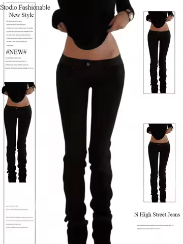 Women's Low Rise Jeans American Retro Black Y2k Jeans 2000s Harajuku Skinny Jeans Stretch Denim Pant