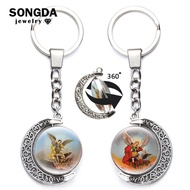 Archangel St.Michael Keychain 360 Degrees Rotated Protect Me Saint Shield Angel Moon Pendant Keyring