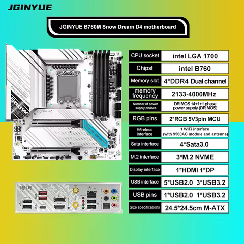 JGINYUE B760M Motherboard LGA 1700 Support Intel i3/i5/i7/i9 12th 13th Processor Dual channel DDR4 M