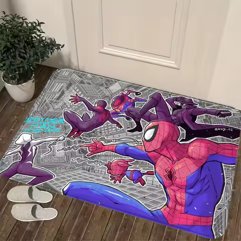Marvel 1pc Cartoon Print Doormat, Spider-Man Multiverse Hero Group Portrait with Polka Dot Grid City