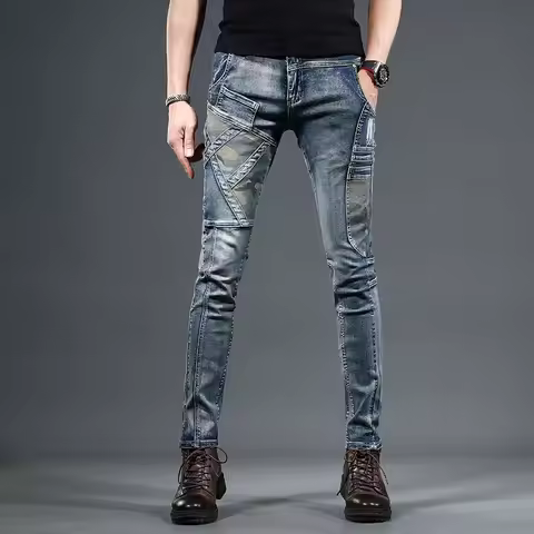 Slim Fit Buggy Men's Jeans Tight Pipe Skinny Motorcycle Trousers Aesthetic Stylish Casual Goth Trend