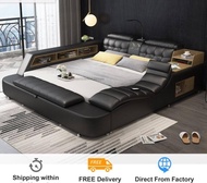 Genuine Leather Bed Frame Soft Beds Massager Storage Safe Speaker Led Light Bedroom Cama Iphone Recharging Bluetooth Safe Usb